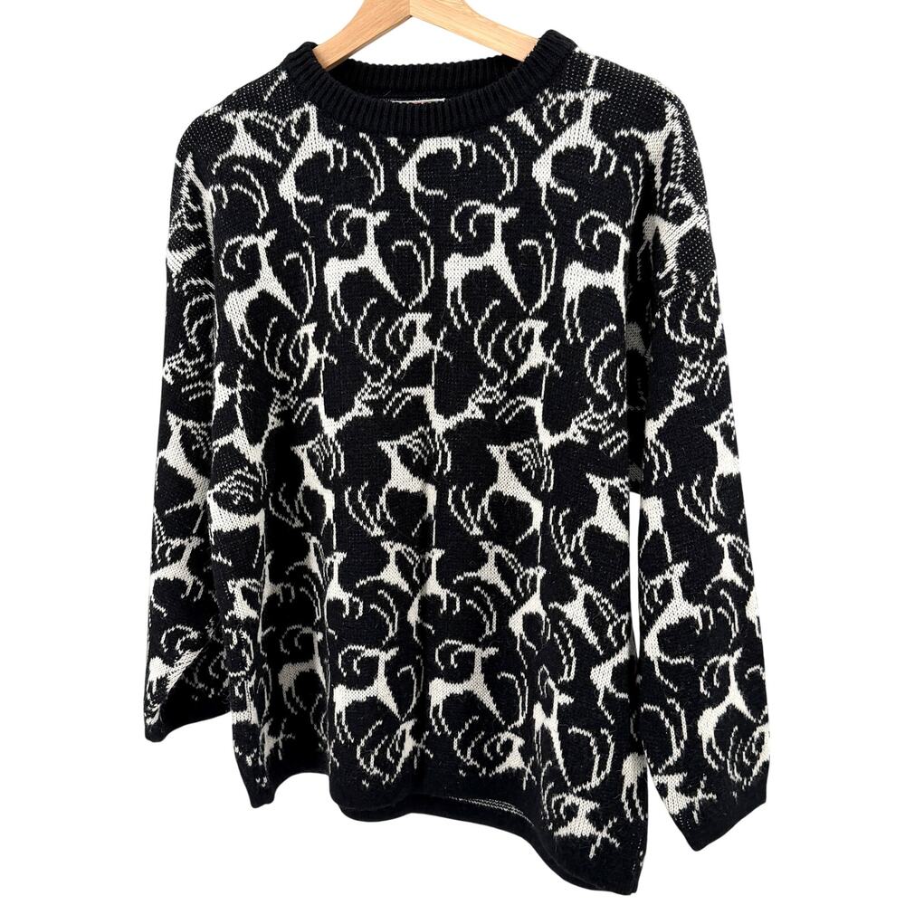 Vintage 80s Benetton Black White 100% Wool Reindeer Motif Crew Neck Sweater